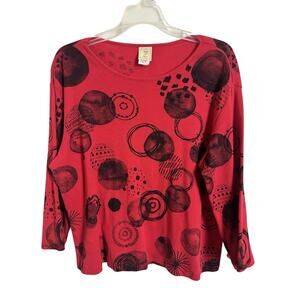 Jess & Jane Red Black Abstract Circle Boxy 3/4 Sleeve Top Size PXL Artsy USA